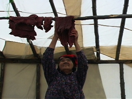 Pelashe Bellefleur hangs caribou meat inside a tent to dry it