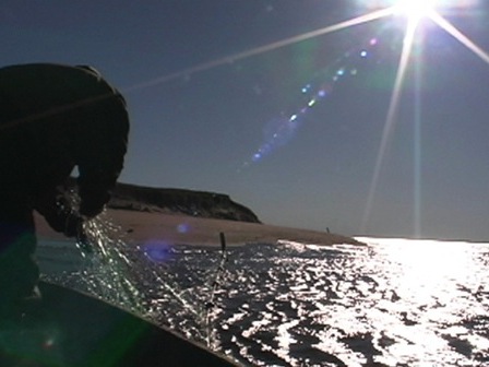 A fisherman pulls a net used to catch salmon out of the water