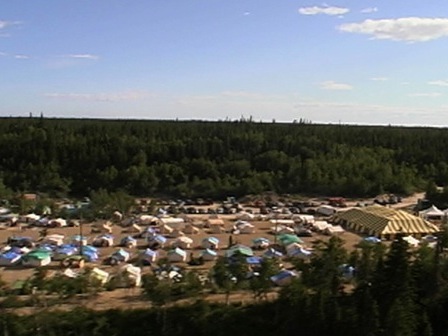 Aerial view of the great Manu Aitun camping grounds during a gathering near the Moisie River